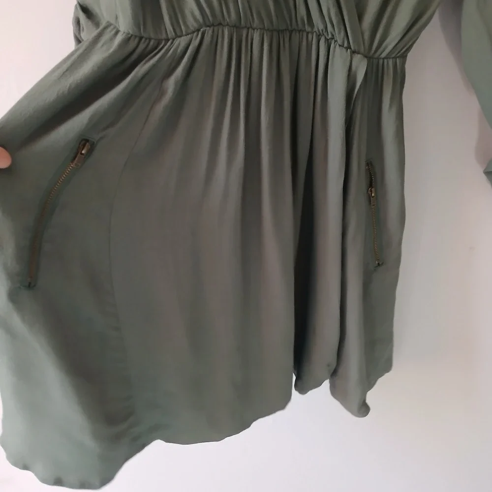 Maeve Women's Size XS Olive Green Faux Wrap Midi Dress Zip Pockets Roll-Tab - Picture 6 of 12